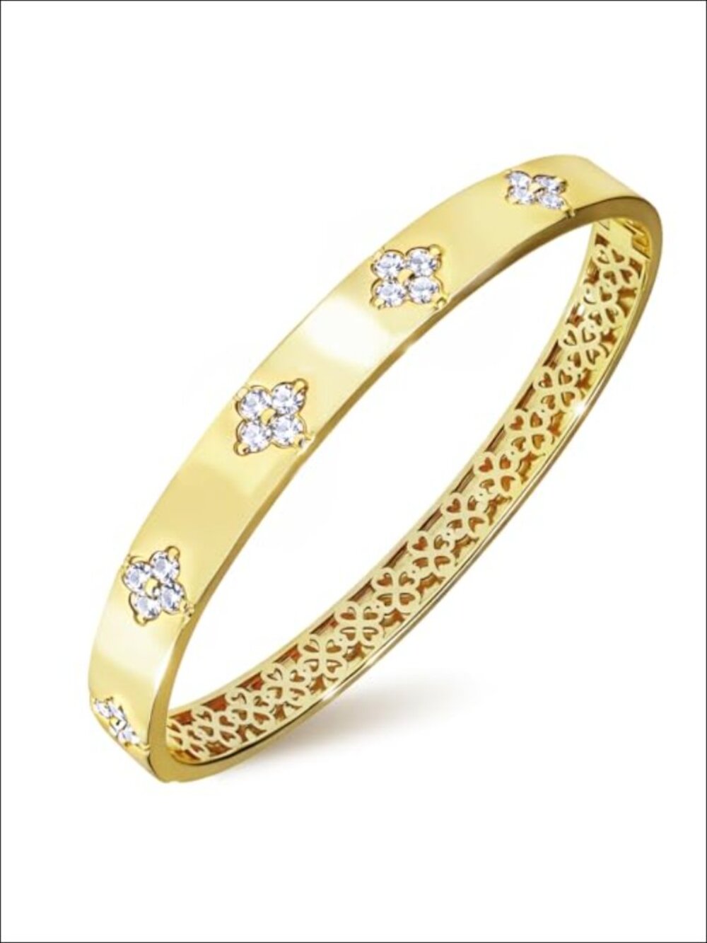 14K Gold Plated Moissanite Clover Bangle Bracelet, D Color VVS1